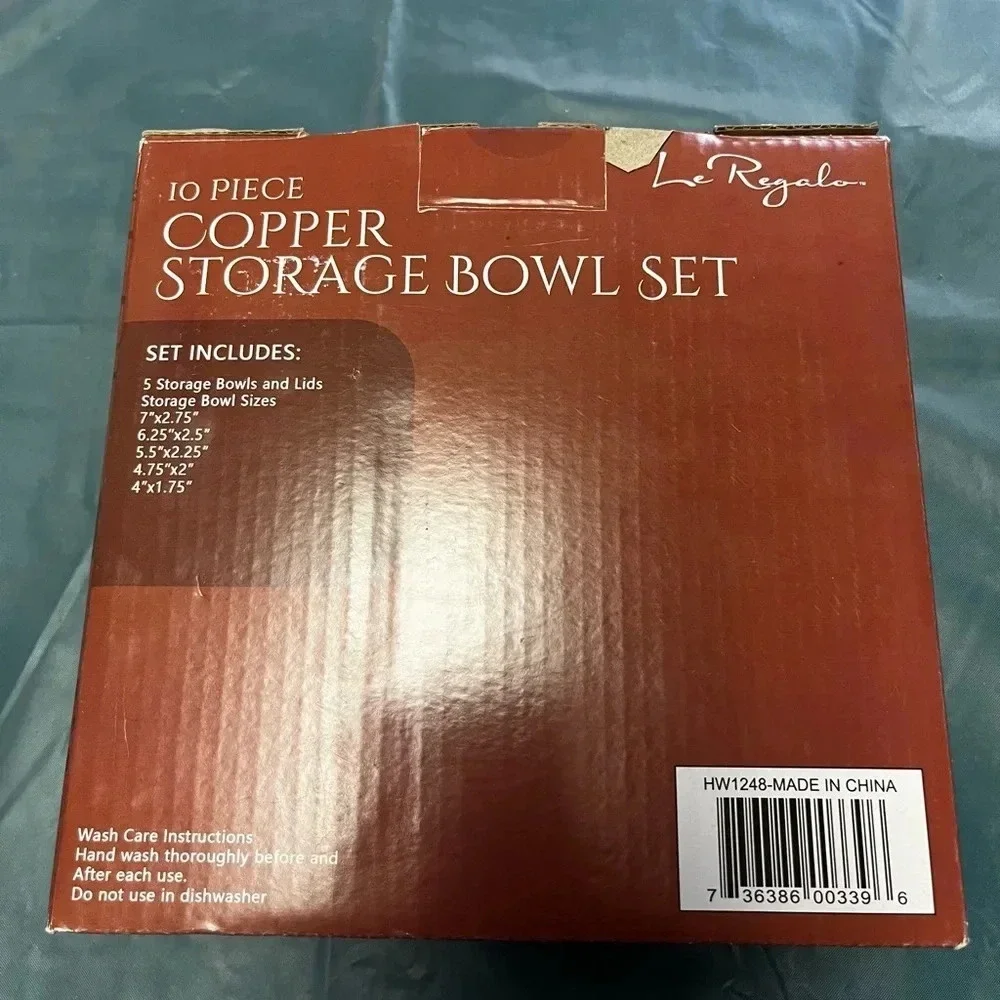 Le Regalo 10 Piece Copper Storage Bowl Set 5 bowls/ 5 lids various sizes NIB